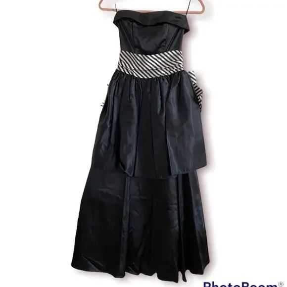 Vintage 1980s Gunne Sax formal prom dress strapless black white bow 3 - Picture 4 of 11